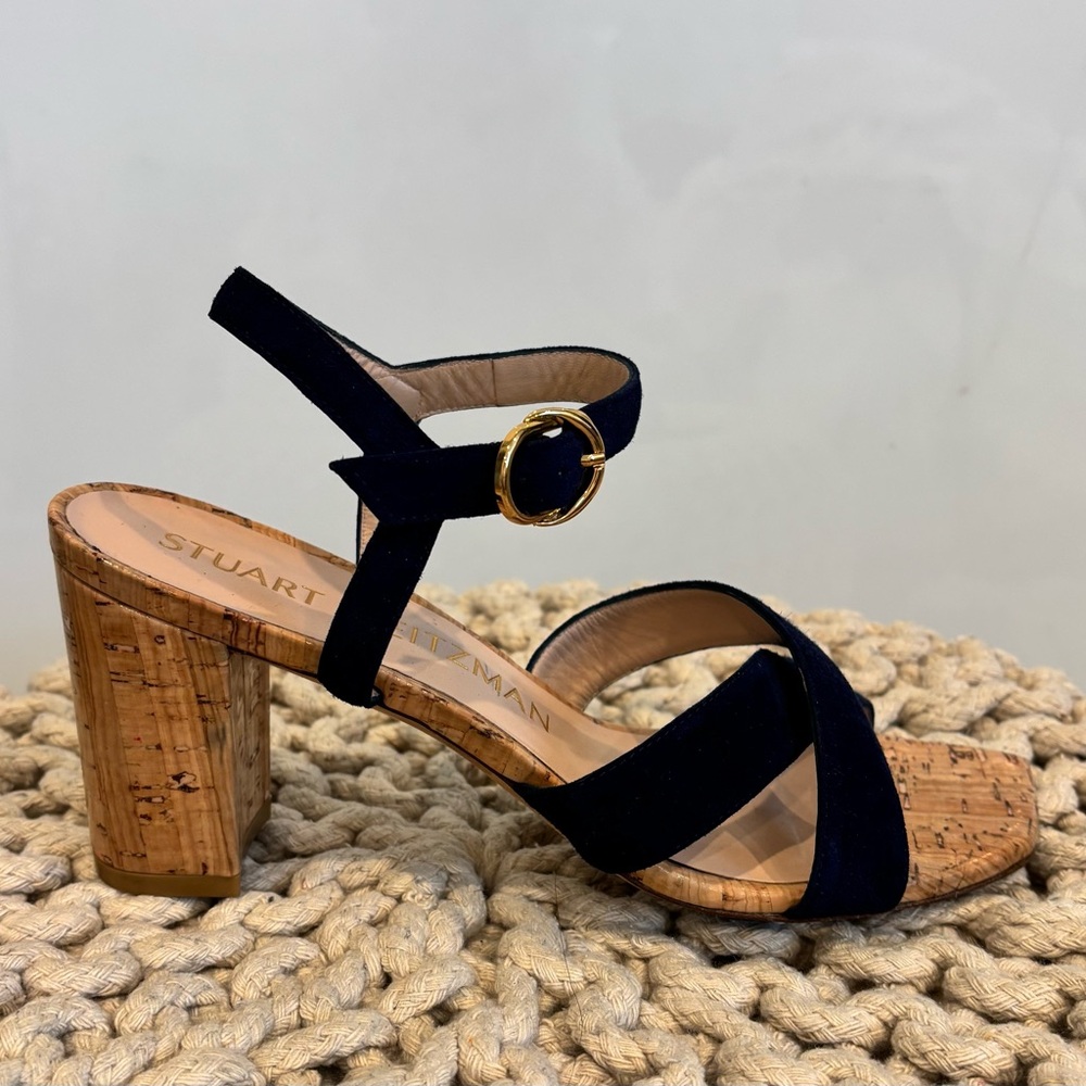 Stuart Weitzman Navy Suede Cork Block Heel Sandals - Picture 3 of 7